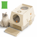 Cream White Large Stainless Steel Cat Litter Box, Foldable Covered Cat Litter Tray with Round Top & Round Door, Front Entry Top Exit, Anti Tracking Mat, Scoop and Charcoal Filter