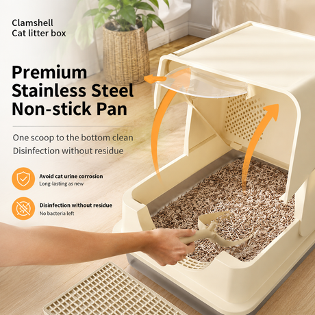 Cream White Large Stainless Steel Cat Litter Box, Foldable Covered Cat Litter Tray with Round Top & Round Door, Front Entry Top Exit, Anti Tracking Mat, Scoop and Charcoal Filter