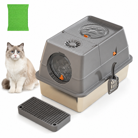 Dark Grey Large Stainless Steel Cat Litter Box, Foldable Covered Cat Litter Tray with Round Top & Round Door, Front Entry Top Exit, Anti Tracking Mat, Scoop and Charcoal Filter