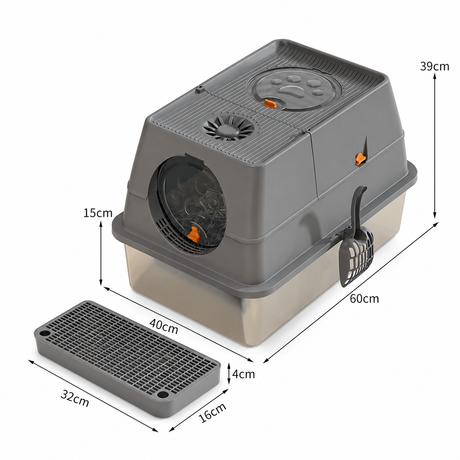 Dark Grey Large Stainless Steel Cat Litter Box, Foldable Covered Cat Litter Tray with Round Top & Round Door, Front Entry Top Exit, Anti Tracking Mat, Scoop and Charcoal Filter
