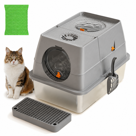 Dark Grey Large Stainless Steel Cat Litter Box, Foldable Covered Cat Litter Tray with Square Top & Square Door, Front Entry Top Exit, Anti Tracking Mat, Scoop and Charcoal Filter
