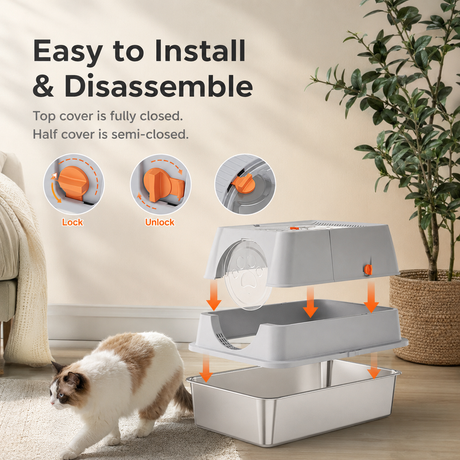 Dark Grey Large Stainless Steel Cat Litter Box, Foldable Covered Cat Litter Tray with Square Top & Square Door, Front Entry Top Exit, Anti Tracking Mat, Scoop and Charcoal Filter