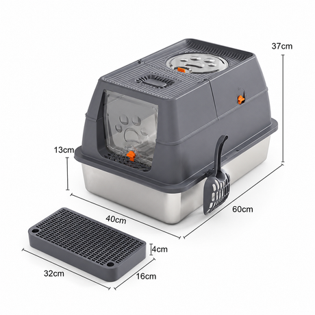 Dark Grey Large Stainless Steel Cat Litter Box, Foldable Covered Cat Litter Tray with Round Top & Square Door, Front Entry Top Exit, Anti Tracking Mat, Scoop and Charcoal Filter