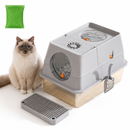 Light Grey Large Stainless Steel Cat Litter Box, Foldable Covered Cat Litter Tray with Round Top & Round Door, Front Entry Top Exit, Anti Tracking Mat, Scoop and Charcoal Filter