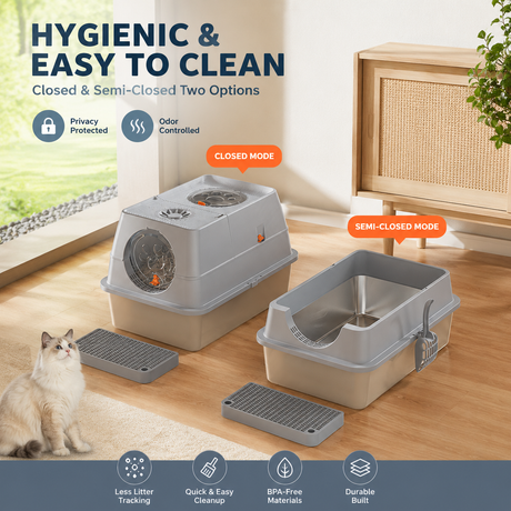 Light Grey Large Stainless Steel Cat Litter Box, Foldable Covered Cat Litter Tray with Round Top & Round Door, Front Entry Top Exit, Anti Tracking Mat, Scoop and Charcoal Filter