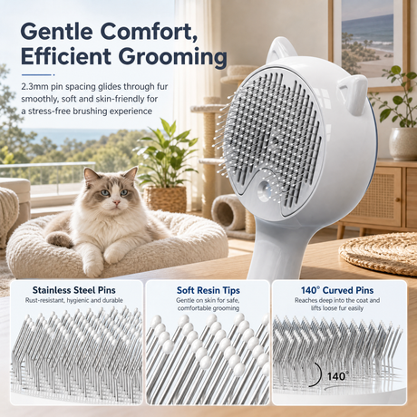 White Pet Spray Grooming Brush for Cats and Dogs, Rechargeable Self Cleaning Slicker Brush with Fine Mist, 30ml Water Tank, 500mAh Battery, One Click Fur Release, Type-C Charging