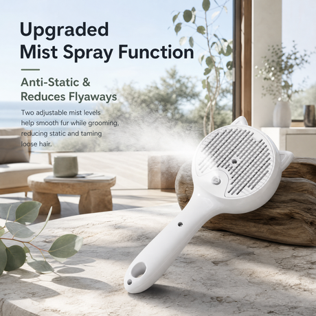 White Pet Spray Grooming Brush for Cats and Dogs, Rechargeable Self Cleaning Slicker Brush with Fine Mist, 30ml Water Tank, 500mAh Battery, One Click Fur Release, Type-C Charging
