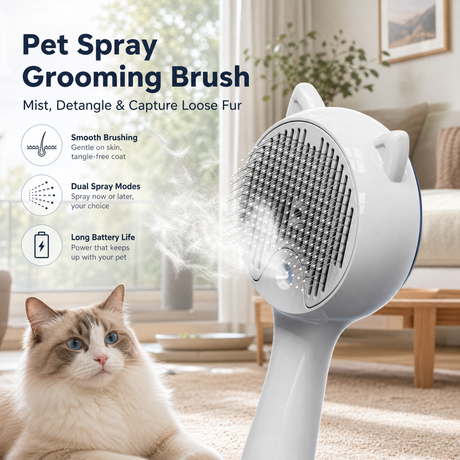 White Pet Spray Grooming Brush for Cats and Dogs, Rechargeable Self Cleaning Slicker Brush with Fine Mist, 30ml Water Tank, 500mAh Battery, One Click Fur Release, Type-C Charging