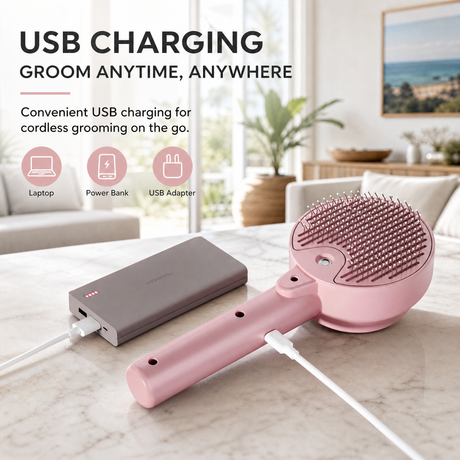Pink USB Rechargeable Pet Spray Grooming Brush for Cats and Dogs, Self Cleaning Slicker Brush with Fine Mist, 140° Curved Stainless Steel Pins, One Click Hair Release, 300mAh Battery
