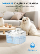 U7 Cat Water Fountain Waterer 3L/101oz, Wireless & USB Rechargeable Pet Water Fountain with 304 Stainless Steel Lid, Smart Infrared Motion Sensor Automatic Pet Water Dispenser, Ultra Quiet Pump, Detachable Easy Clean,  4 Filters Included