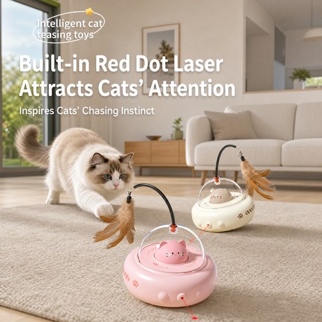 Pink Smart Cat Teaser Toy Rechargeable Interactive Cat Toy with Red Dot Light, Feather Wand, Obstacle Avoidance, Touch Wake-Up, Auto Standby, Soft Rubber Wheels, Cute Cat Design for Indoor Cats