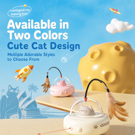 Pink Smart Cat Teaser Toy Rechargeable Interactive Cat Toy with Red Dot Light, Feather Wand, Obstacle Avoidance, Touch Wake-Up, Auto Standby, Soft Rubber Wheels, Cute Cat Design for Indoor Cats