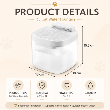 White Cat Water Fountain 3L, Wired Pet Water Dispenser for Cats & Small Dogs, Waterfall-Style Quiet Drinking Fountain with Filter, Easy-Clean ABS+PP Bowl, 5V 1A