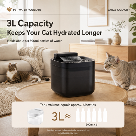 Black Cat Water Fountain 3L, Wired Pet Water Dispenser for Cats & Small Dogs, Waterfall-Style Quiet Drinking Fountain with Filter, Easy-Clean ABS+PP Bowl, 5V 1A