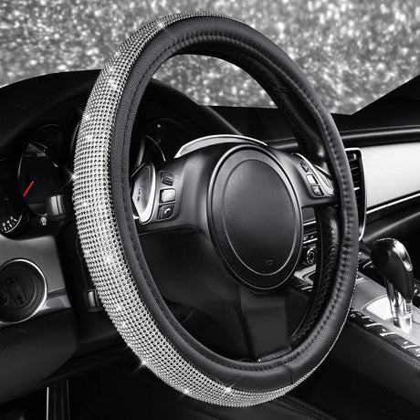 Bling Diamond Leather Steering Wheel Cover, with Bling Sparkly Crystal Glitter Rhinestones Universal Fit 14.5in-15in Car Wheel Protector for Women Girl Fit Suvs,Vans,Sedans,Car,Trucks, Silver