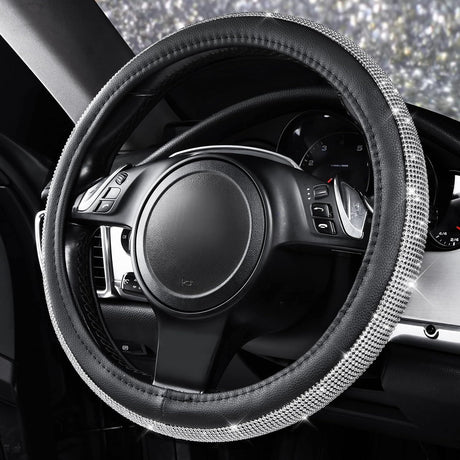 Bling Diamond Leather Steering Wheel Cover, with Bling Sparkly Crystal Glitter Rhinestones Universal Fit 14.5in-15in Car Wheel Protector for Women Girl Fit Suvs,Vans,Sedans,Car,Trucks, Silver