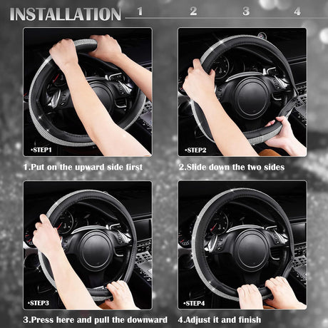 Bling Diamond Leather Steering Wheel Cover, with Bling Sparkly Crystal Glitter Rhinestones Universal Fit 14.5in-15in Car Wheel Protector for Women Girl Fit Suvs,Vans,Sedans,Car,Trucks, Silver
