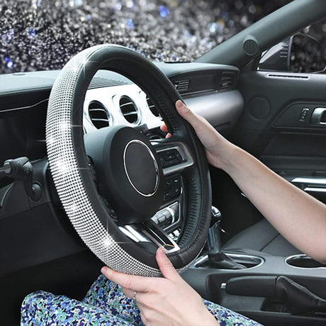 Bling Diamond Leather Steering Wheel Cover, with Bling Sparkly Crystal Glitter Rhinestones Universal Fit 14.5in-15in Car Wheel Protector for Women Girl Fit Suvs,Vans,Sedans,Car,Trucks, Silver