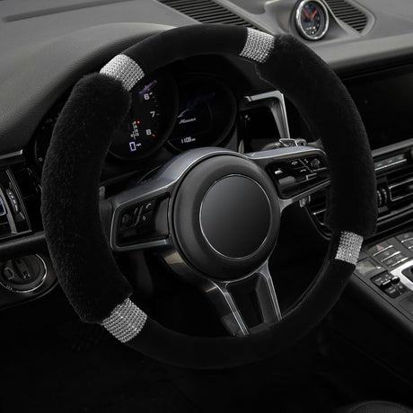 Rhinestone Fluffy Steering Wheel Cover - Comfortable Non-Slip Luxury Faux Wool, Universal Fit for 14.5