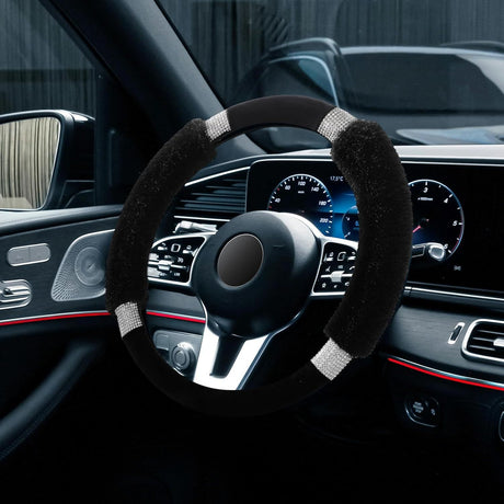 Rhinestone Fluffy Steering Wheel Cover - Comfortable Non-Slip Luxury Faux Wool, Universal Fit for 14.5