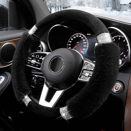 Rhinestone Fluffy Steering Wheel Cover - Comfortable Non-Slip Luxury Faux Wool, Universal Fit for 14.5