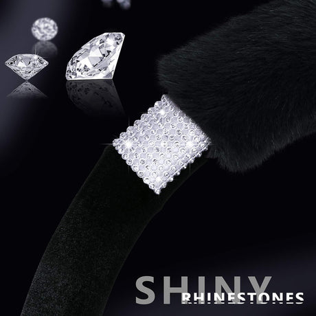 Rhinestone Fluffy Steering Wheel Cover - Comfortable Non-Slip Luxury Faux Wool, Universal Fit for 14.5