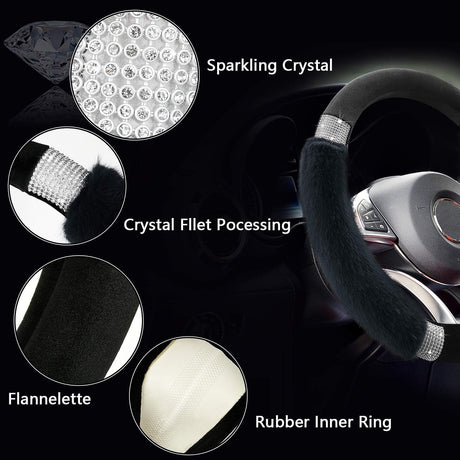 Rhinestone Fluffy Steering Wheel Cover - Comfortable Non-Slip Luxury Faux Wool, Universal Fit for 14.5
