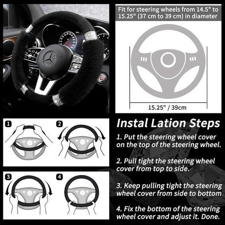 Rhinestone Fluffy Steering Wheel Cover - Comfortable Non-Slip Luxury Faux Wool, Universal Fit for 14.5