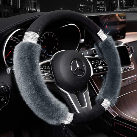 Rhinestone Fluffy Steering Wheel Cover - Comfortable Non-Slip Luxury Faux Wool, Universal Fit for 14.5
