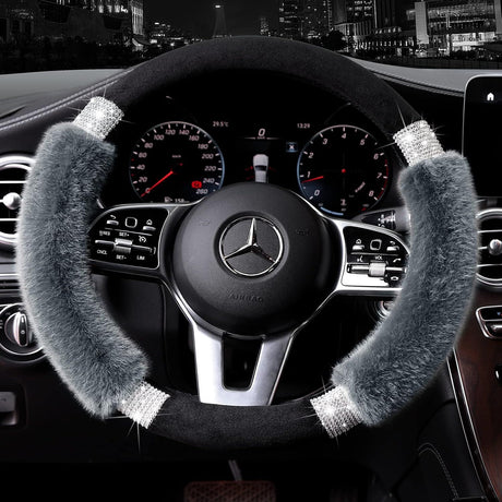 Rhinestone Fluffy Steering Wheel Cover - Comfortable Non-Slip Luxury Faux Wool, Universal Fit for 14.5