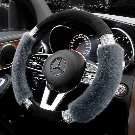Rhinestone Fluffy Steering Wheel Cover - Comfortable Non-Slip Luxury Faux Wool, Universal Fit for 14.5