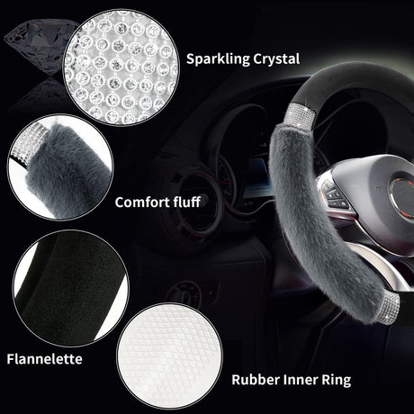 Rhinestone Fluffy Steering Wheel Cover - Comfortable Non-Slip Luxury Faux Wool, Universal Fit for 14.5