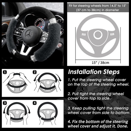 Rhinestone Fluffy Steering Wheel Cover - Comfortable Non-Slip Luxury Faux Wool, Universal Fit for 14.5
