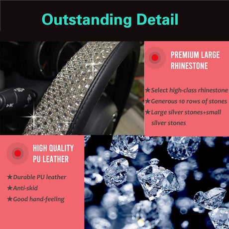 Bling Bling Comfy Steering Wheel Cover with Jumbo Crystal Rhinestones, Anti-Slip Diamond Leather, Universal 15 Inch (Silver)