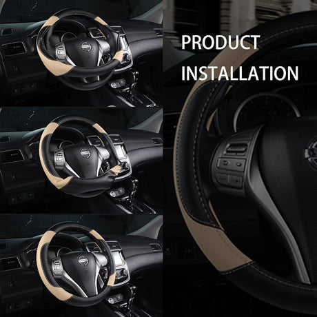 Leather Car Steering Wheel Cover, Non-Slip Car Wheel Cover Protector Breathable Microfiber Leather Universal Fit for Most Cars(Beige)