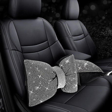 2 PCS Bling Car Pillows, Rhinestones Bowknot Bling Car Headrest Pillow, Car Neck Pillow for Driver Cool Relax Necksupport, White Crystal Diamond Car Accessories for Women