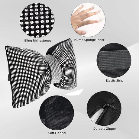 2 PCS Bling Car Pillows, Rhinestones Bowknot Bling Car Headrest Pillow, Car Neck Pillow for Driver Cool Relax Necksupport, White Crystal Diamond Car Accessories for Women