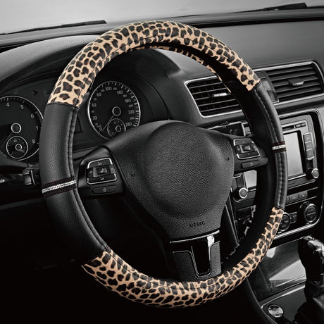 Leopard Steering Wheel Cover - Made with PVC Leather Cheetah Print - Anti-Slip, Universal Fit 14 1/2 inches to 15 inches - Black