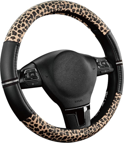 Leopard Steering Wheel Cover - Made with PVC Leather Cheetah Print - Anti-Slip, Universal Fit 14 1/2 inches to 15 inches - Black