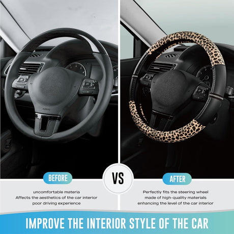 Leopard Steering Wheel Cover - Made with PVC Leather Cheetah Print - Anti-Slip, Universal Fit 14 1/2 inches to 15 inches - Black