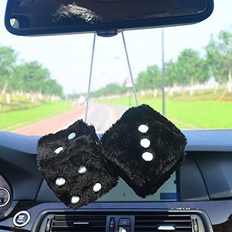 Pair 3” Black with White Dots Mirror Fuzzy Plush Dice, Black and White Soft Plush Car Decorative Hanging Ornament.