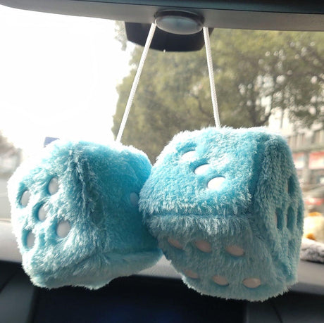 Pair 3” Black with White Dots Mirror Fuzzy Plush Dice, Black and White Soft Plush Car Decorative Hanging Ornament.