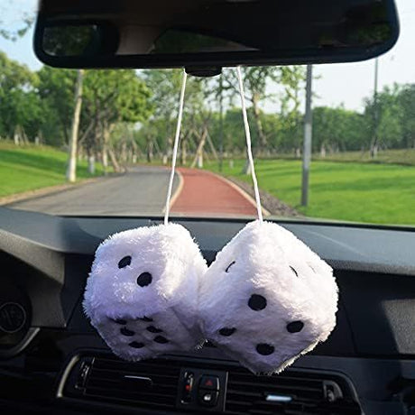 Pair 3” Black with White Dots Mirror Fuzzy Plush Dice, Black and White Soft Plush Car Decorative Hanging Ornament.