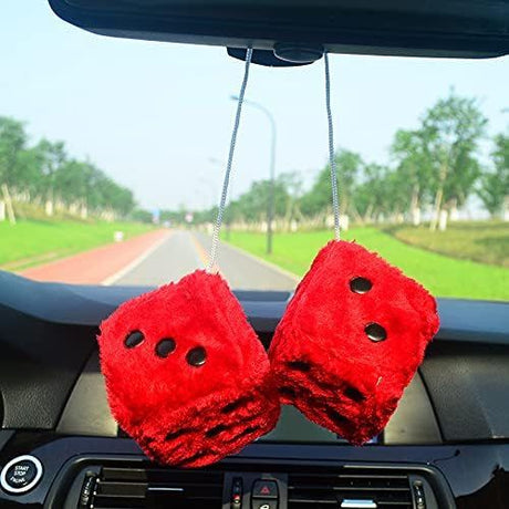 Pair 3” Black with White Dots Mirror Fuzzy Plush Dice, Black and White Soft Plush Car Decorative Hanging Ornament.