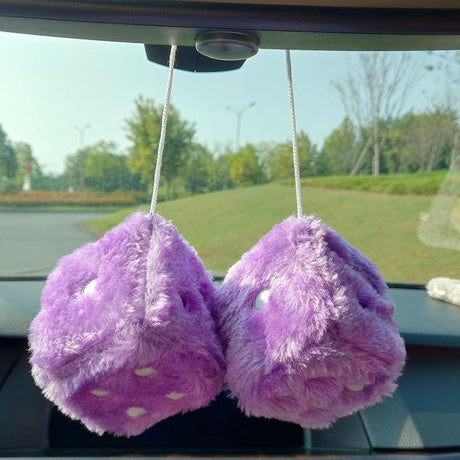 Pair 3” White with Black Dots Mirror Fuzzy Plush Dice, White and Black Soft Plush Car Decorative Hanging Ornament.