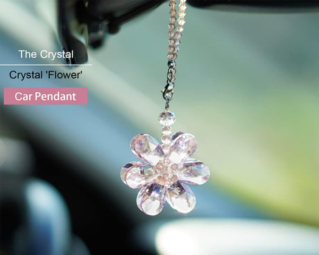 Crystal Flower Car Rear View Mirror Pendant - Pink Crystal Beads Charm Decor for Women Interior