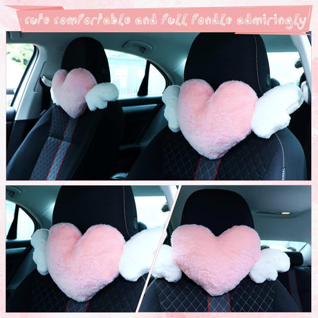 2 Pcs Plush Heart Shaped Pillow with Angel Wings Car Headrest Soft Comfortable Seat Pillow for Driving Travelling Room Office Car Decor, 19.7 x 8.3 Inch(White, Pink)