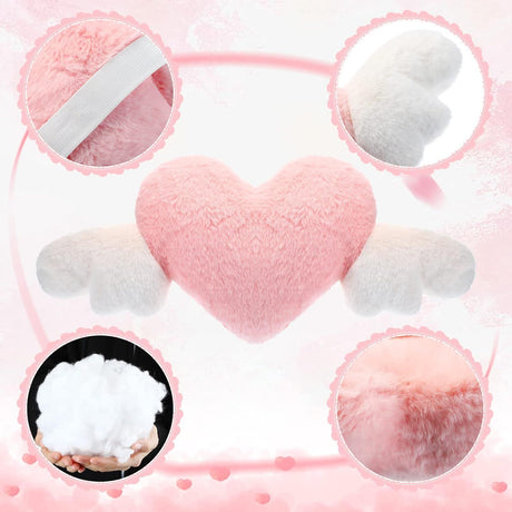 2 Pcs Plush Heart Shaped Pillow with Angel Wings Car Headrest Soft Comfortable Seat Pillow for Driving Travelling Room Office Car Decor, 19.7 x 8.3 Inch(White, Pink)