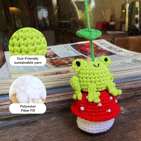 Crochet Frog and Mushroom Ornament, Accessories for Rear View Window, Handmade Hanging Car Charm, Automotive Interior Decorations, House Decoration (Frog and Mushroom)