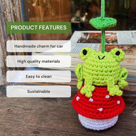 Crochet Frog and Mushroom Ornament, Accessories for Rear View Window, Handmade Hanging Car Charm, Automotive Interior Decorations, House Decoration (Frog and Mushroom)